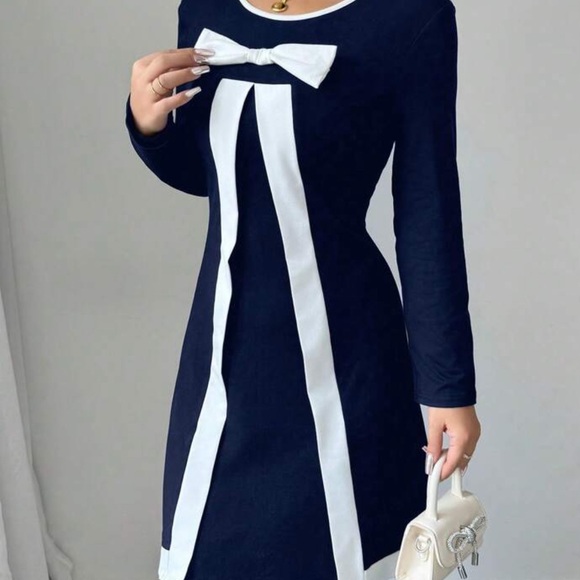 Long Sleeve Navy Dress with White Accents - Picture 4 of 6